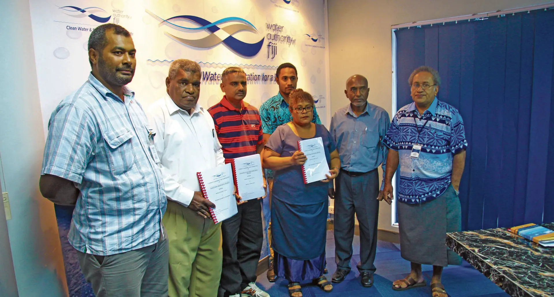 From right: Water Authority of Fiji manager rural Vula Vakacegu and Water Authority of Fiji chief operating officer Samanmal Ekanayke with representatives of the three firms awarded contracts by WAF. Photo: Water Authority of Fiji