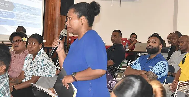 Fulori Turaga asking her question during the 2023 Annual Member Forum at MyFNPF Centre in Nadi on Thursday night. Photo: Mereleki Nai