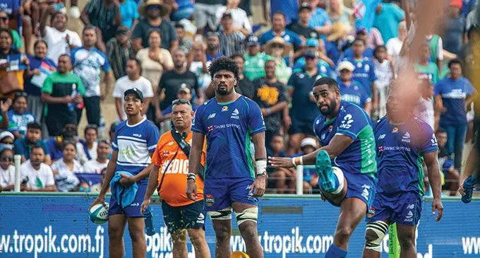 Kemu Valetini {fourth from left) of the Swire Shipping Fijian Drua kicks the winning penalty to seal the club's victory over the Hurricanes during round 11 of the Shop N Save Super Rugby Pacific at Suva's HFC Bank Stadium on May 6, 2023. Drua won 27-24. Photo: Leon Lord