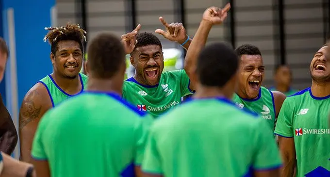 From left: Swire Shipping Fijian Drua reps Te Ahiwaru Cirikidaveta, Vinaya Habosi, Napolioni Bolaca and Teti Tela at the Vodafone Arena in Laucala Bay, Suva, on April 25, 2022. Photo: Leon Lord