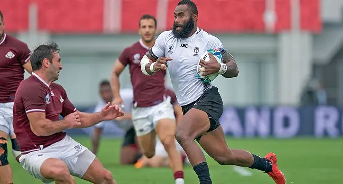 Man of the match and Fiji Airways Flying Fijians winger Semi Radradra on his way to score one of his two tries against Georgia on October 3, 2019,  at the Hanazono Rugby Stadium in Japan. Fiji won 45-10.  Photo: Bruce Southwick/ZoomFiji