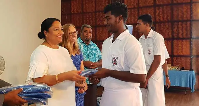 Ba Sanatan College Year 11 student, Altaaf Aiyaz after receiving his school supplies from the Minister for Education, Heritage and Arts, Premila Kumar at the Xavier College auditorium in Ba on March 26, 2022. Photo: Nicolette Chambers 