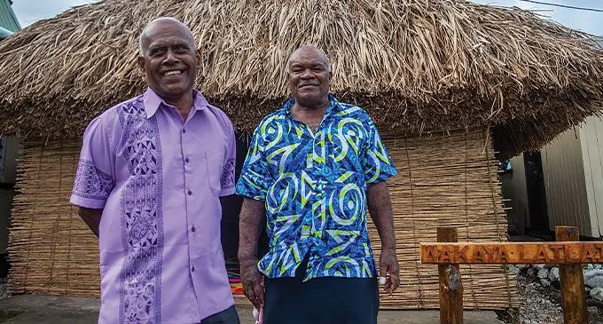 From left; Traditional bete, Ratu Viko Ramatai Tagiveitaua and Ilaisa Tamani at Levuka Vakaviti Village on May 20, 2024. Photo: Leon Lord