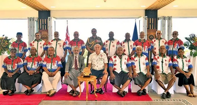 Members of the Returned Soldiers and Ex-Servicemen Association with the outgoing President Major-General (Ret’d) Jioji Konrote during the traditional farewell ceremony at the State House. Photo: DEPTFO NEWS