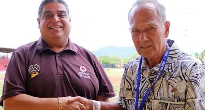 The late Jimmy Zoing (right) with Fiji FA president Rajesh Patel during the Fiji FACT tournament at Subrail Park, Labasa in 2020 Photo: Fiji FA Media 