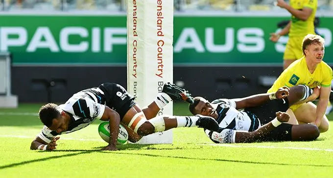 Fiji Airways Fijian 7s player, Sireli Maqala, dives over for a try during their match against Australia in the Oceania 7s. Photo: Oceania Rugby