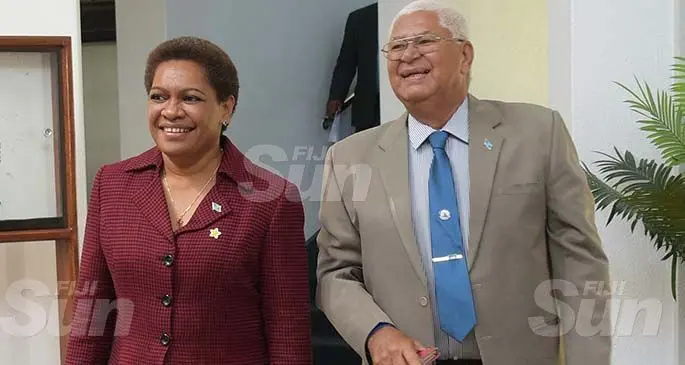 Minister for Women, Children and Poverty Alleviation, Mereseini Vuniwaqa and Assistant Minister for Health and Medical Services, Alex O’Connor outside Parliament on February 20,2020. Photo: Ronald Kumar
