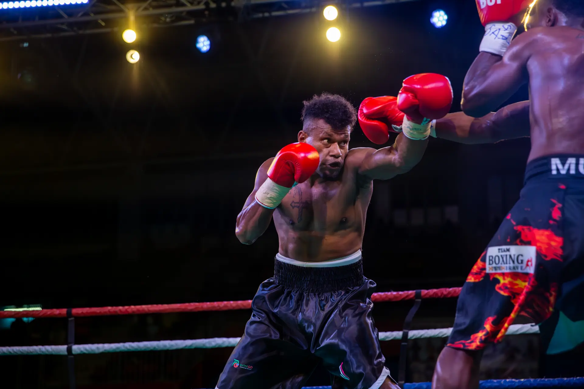 Fiji super middleweight champion Isikeli ‘Bullet’ Senidoko looks for an opening against Filise Nabua at the Vodafone Arena in Suva on July 25, 2026. Senidoko won on a sixth round TKO. Photo: Josua Buredua