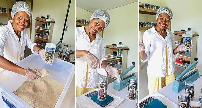 Ana Malumuvatu doing packaging for her kava business.