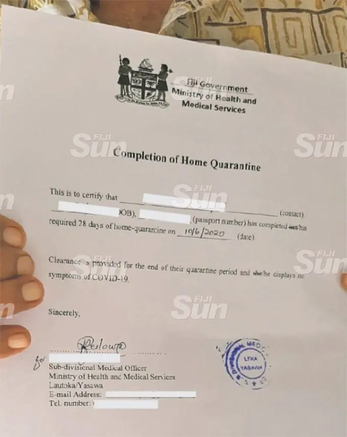 Certificate of the Completion of Home Quarantine for the couple. Photo: Salote Qalubau