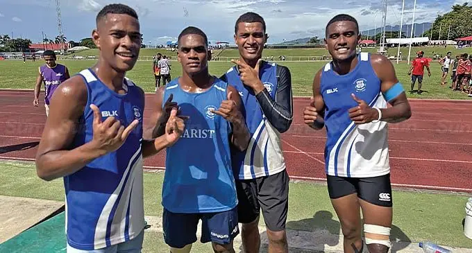 Xavier College senior boy’s 4x100m relay team at Churchill Park, Lautoka on April 4, 2024. From left: Filimoni Matawalu, Ilisoni Koro, Pita Kuricuva and Penisoni Tirau. Photo: Sereana Salalo