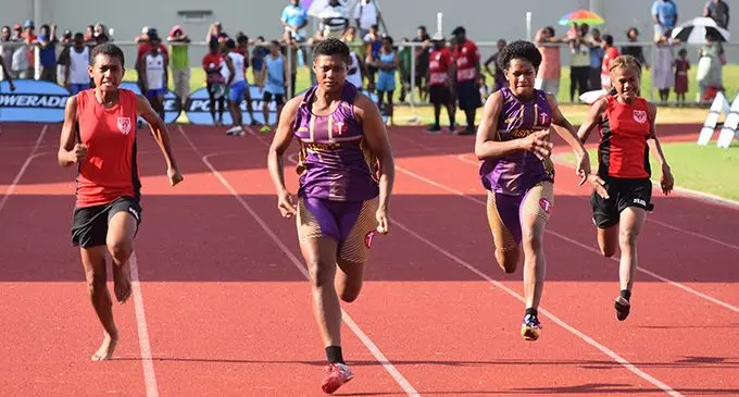 JWHS Salote Baravilala (second from left) wins gold in the senior girls 100 meters at the Lautoka Yasawa Secondary School Zone meet at the Churchill Park in Lautoka on Friday 22 March, 2019. Photo: WAISEA NASOKIA