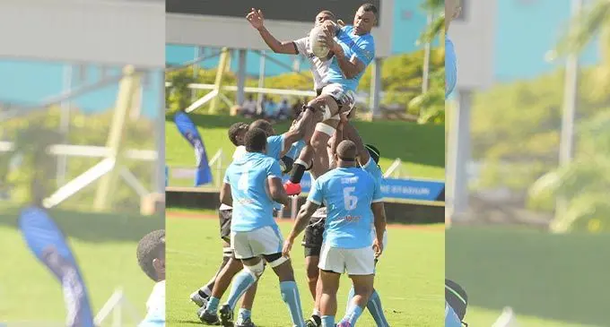 Ram Sami Suva rugby captain James Brown in a lineout battle against Nadroga in the Skipper Fiji Rugby Championship clash at the ANZ Stadium in Suva on May 7, 2022. Photo: Ronald Kumar.