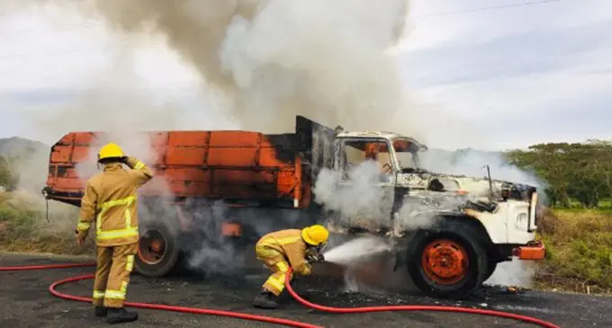 National Fire Authority officers work to extinguish the fire from a truck at  Waikona, Tavua on September 23, 2022. Photo: National Fire Authority