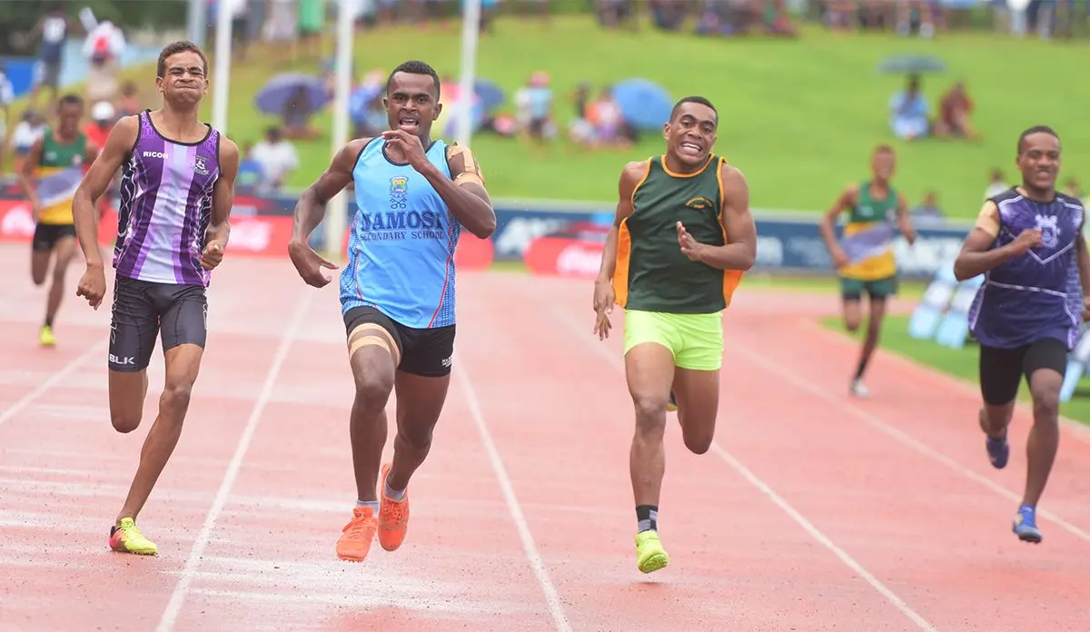 Pio Raua (third from left) of Namosi Secondary in full flight during 400meters inter boys final of Suva zone 1 at ANZ Stadium on March 29. 2019. Photo: Ronald Kumar.