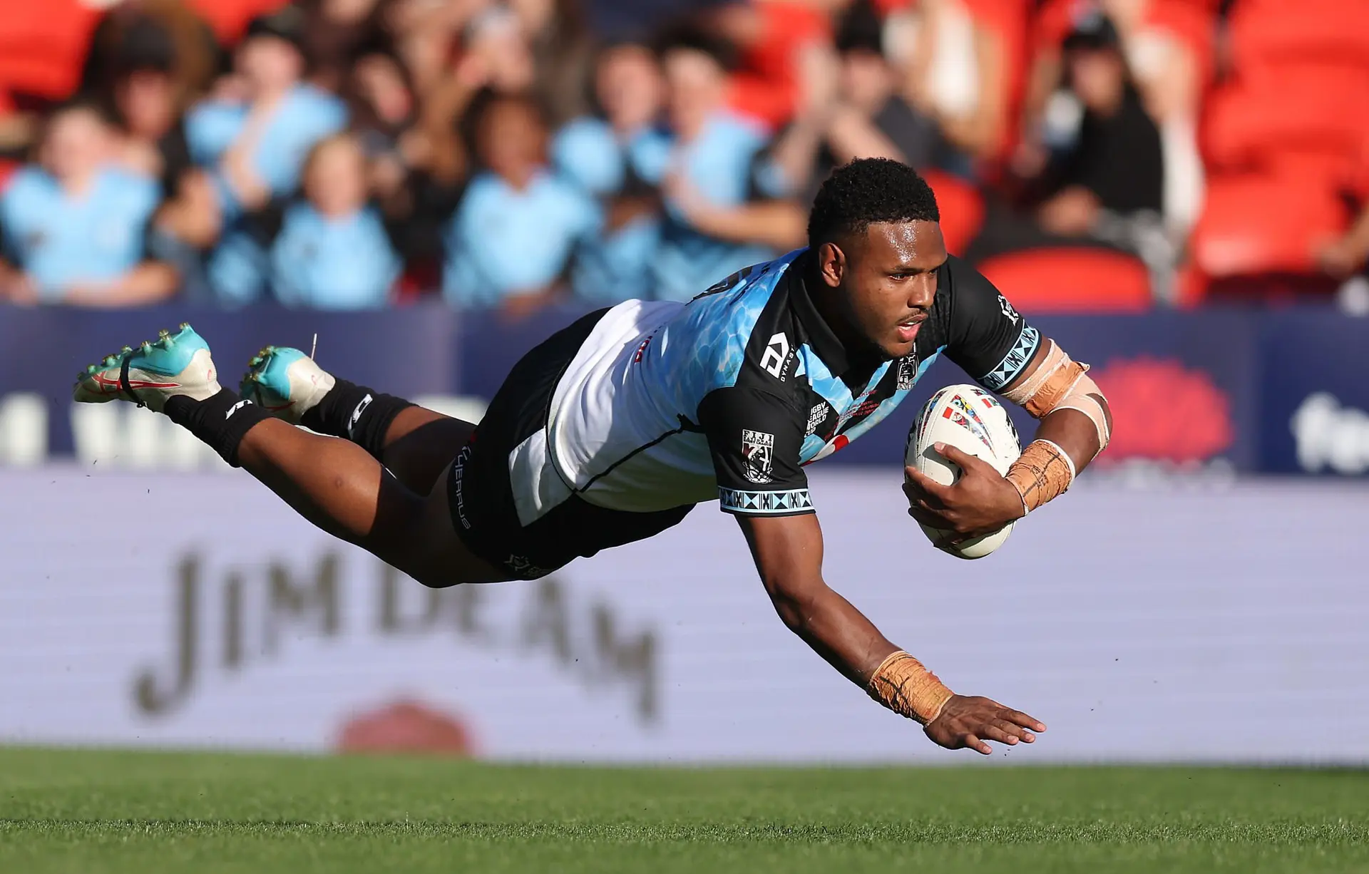 Fiji Bati’s Solomone Saukuru scores a try during the 2026 Men’s Rugby League World Cup match between Fiji and Cook Islands at McDonald Jones Stadium on October 18, 2026 in Newcastle, Australia.