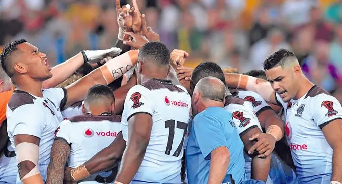 The Vodafone Fijian Bati team during the 2017 Rugby League World Cup. Photo: RLWC