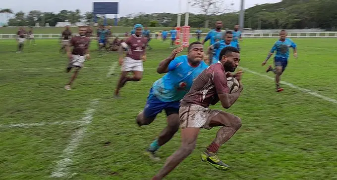 Inoke Tavai of Lautoka runs in to score a try in the corner against Cakaudrove in the Vodafone Vanua Championship quarterfinal at Lawaqa Park, Sigatoka, on August 5, 2023. Photo: Waisea Nasokia  