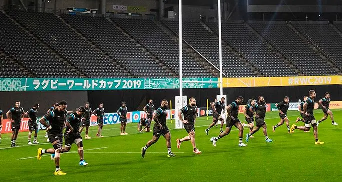 Members of the Fiji Airways Flying Fijians during the captain’s run at the Sapporo Dome in Sapporo, Japan, on September 20, 2019. Photo: Bruce Southwick/ZoomFiji