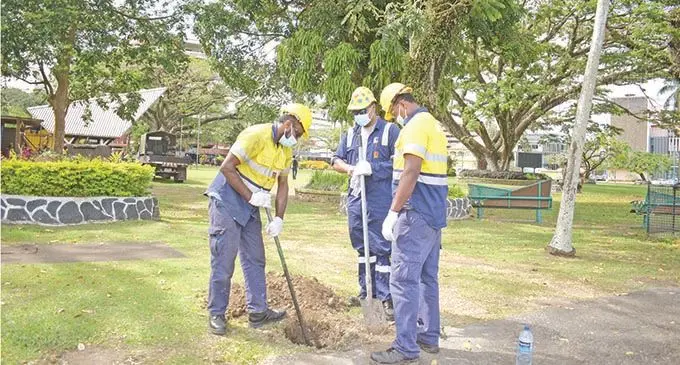 Suva City Council workers Manasa Davui (from left), Eremasi Kotoilakeba and Simi Tawake during Ratu Sukuna Park upgrade works on 29, September 2021. Photo: Ronald Kumar.