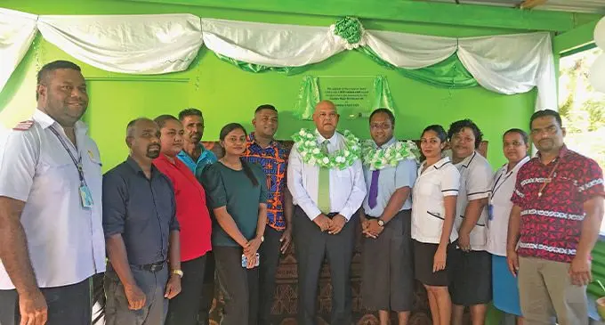 Bank South Pacific (BSP) Financial Group Limited country head Haroon Ali (seventh from left), with Divisional Medical Officer (DMO) Northern Dr Tiko Saumalua during the opening of the waiting shed area at Coqeloa Health Centre in Labasa on April 4, 2023. Photo: Shratika Naidu