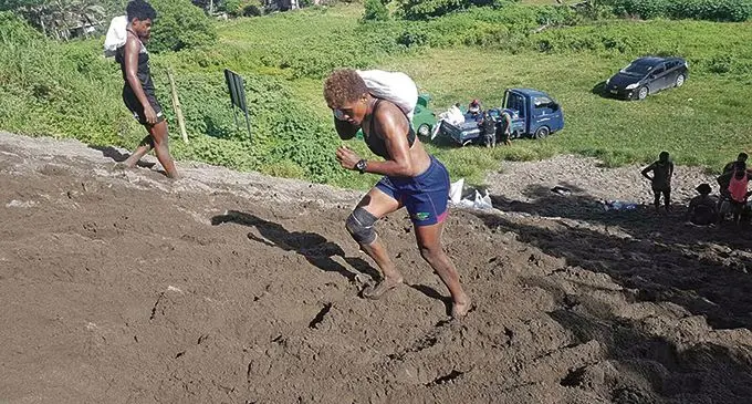 Fijiana XVs squad member, Aloesi Nakoci, trains at the Sigatoka sand dunes on January 28, 2021. Photo: FRU Media