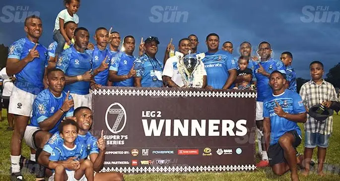 Police Blue players and officials after winning the second leg of the Super Sevens Series at Prince Charles Park, Nadi, on February 20, 2021. Photo: ,Mereleki Nai