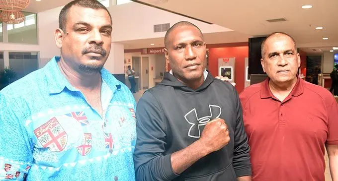 From left: South Pacific Boxing Promotions promoter Freddy Chand, John Korake, SPBP director Mohammed Shameem at Nadi International Airport on February 26, 2020. Photo: Waisea Nasokia.