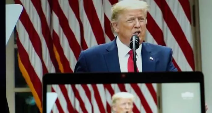 Photo taken on May 29, 2020 shows the live broadcast of U.S. President Donald Trump speaking at a press conference at the White House in Washington D.C., the United States. (Xinhua/Liu Jie)
