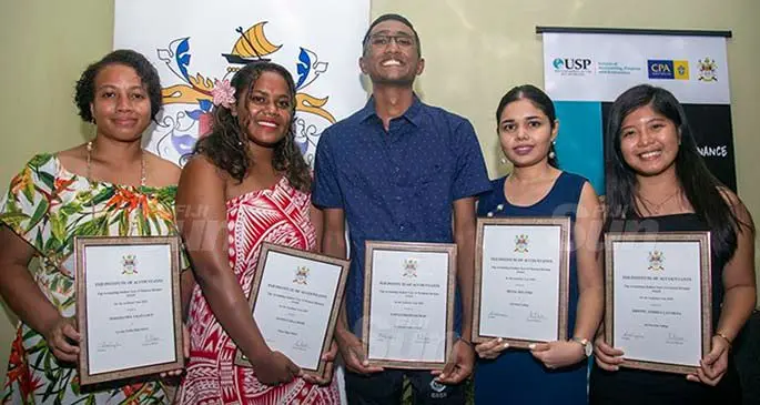 From left: Teresia Ofa Talei Loco of Levuka Public High School, Agnes Laila Shah of Nilsen High School, Pawan Pranit Kumar of Lekutu Secondary School, Hetal Solanki Solanki of A.D Patel College and Kristel Andrea Lat Dena of Jai Narayan College in Suva on April 9, 2021. Photo: Leon Lord