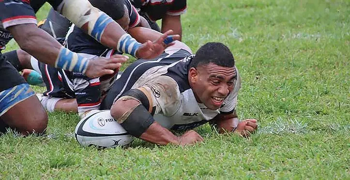 Nadroga and Fijian Drua centre Apisalome Vota scores a try against Naitasiri during the INKK Farebrother Trophy Challenge at Lawaqa Park, Sigatoka, on September 16, 2023. Photo: FRU Media