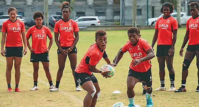 Fiji Airways Fijiana sevens nippy playmaker Mereula Torooti (with ball) during training at Albert Park, Suva. Photo: FRU Media
