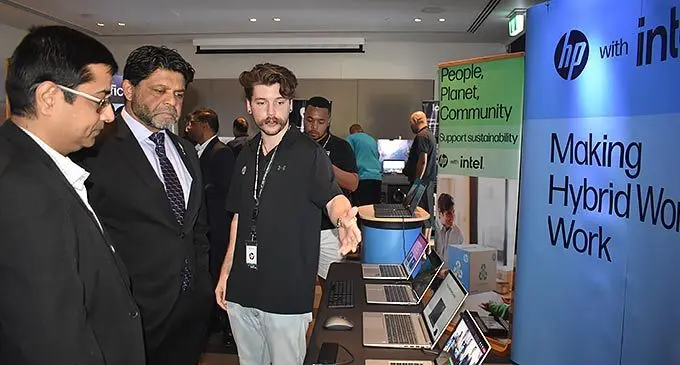 HP product evangelist and vendor, Carlin Diprose (right) speaking with the Attorney-General and Minister for Economy, Aiyaz Sayed-Khaiyum during the exhibition at the Fiji Tech Summit 2022 at the Intercontinental Fiji Golf Resort and Spa in Natadola on November 3, 2022. Photo: Nicolette Chambers