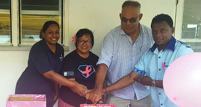 From left: Fiji Cancer Society marketing and events representative Anthea Sami, Suvivor Irene Hamidullah, Fijian Holdings Limited director Sakiusa Raivoce, chief operating officer Serendib Investment Limited Pradeep Mendis during the morning tea cake cutting.