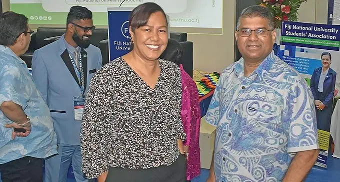 Tewaka director Lala Sowane with Reserve Bank of Fiji Governor Ariff Ali at the Fiji National University Namaka Campus on November 26, 2022. Photo: Waisea Nasokia