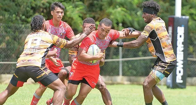 New Caledonia takes on Tacilevu during the 47th Fiji Bitter Marist Sevens tournament at Bidesi Park, Suva, on March 17, 2023. Tacilevu won 24-0. Photo: Ronald Kumar