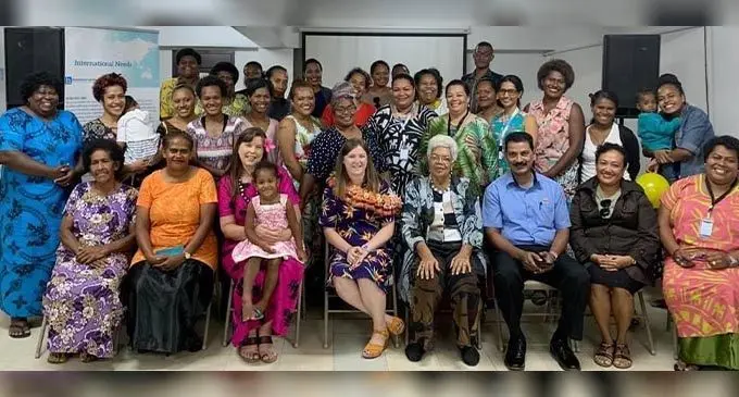 From left: (seated centre, with garland) First Secretary of the New Zealand High Commission, Sarah Nisbett, Solo Moms Project onboard chairlady, Leba Halofaki, Motibhai representative, Abraham Gomez, Westpac  representative, Maryangela Henry with Solo Moms project staff, phase 2 participants and trainers following the orientation on September 2.
