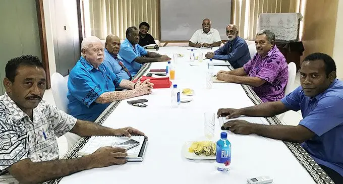 From left: Ba Provincial Holding Company Limited board members, Peniasi Sokia Evo, Ratu Meli Saukuru, Ratu Jone Cakautovatova, Rupeni Kunaturaga, Isimeli Bose (CEO), Luke Ratuvuki (chairman), Ratu Vuniyani Navuniuci, Joeli Bulu, Sitiveni Nadiligo on May 29, 2020.  Photo: Charles Chambers.