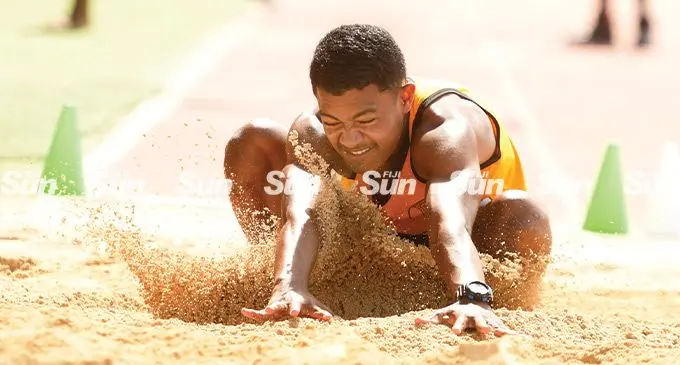 Lambert’s Christopher Waqa during the Marist Brothers High School intermediate boys long jump final at the ANZ Stadium, Suva, on May 27, 2022. Photo: Ronald Kumar