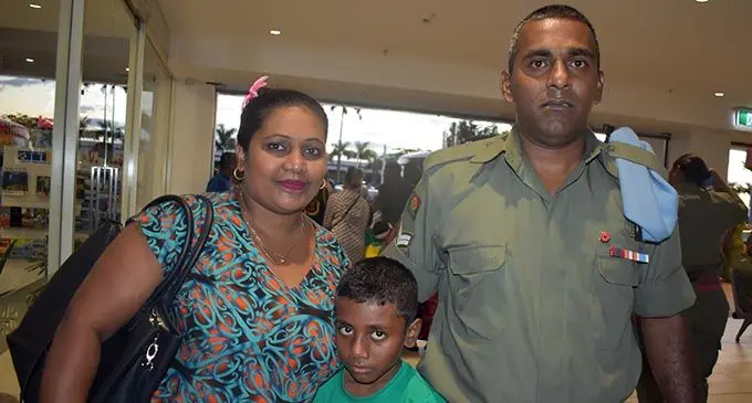 Susana Singh, Samir Singh (son) and Corporal Surend Singh at the Nadi International Airport on October 18, 2019. Photo: Mereleki Nai