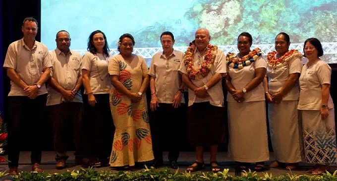 From left: Tourism Fiji chief executive Officer Brent Hill, Tourism Fiji board members Petaia Tuimanu and Loretta St Julian-Ooms, Wati Maraiwai Talavutu, Tourism Fiji board chair and Fiji Airways Managing Director and Chief Executive officer Andre Viljoen, Deputy Prime Minister and Minister for Tourism and Civil Aviation Viliame Gavoka, Assistant Minister for Tourism and Civil Aviation Alitia Bainivalu, Permanent Secretary for Tourism and Civil Aviation Salaseini Daunabuna and board member Tammie Tam during the launch yesterday. Photo: Tourism Fiji