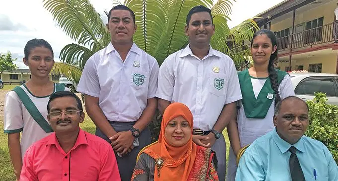 From left head girl Priyansha Deo,Deputy head boy Kelemedi Turagnikoro,Head boy Varunesh Permal,Priyanka Singh.Sitting from left Vice principal Shanjay Prasad,Principal Shabnun Ali with AP Nitesh Prasad on February 14,2019.Photo:Mereleki Nai