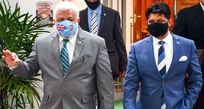 Prime Minister Voreqe Bainimarama with Attorney-General and Minister for Communications Aiyaz Sayed-Khaiyum at Parliament on August 16, 2021. Photo: Office of the PM