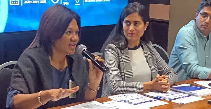 Reserve Bank of Fiji chief manager financial system development, Caroline Waqabaca (left) with United Nations Capital Development Fund regional digital manager IDE Pacific, Neha Mehta in Suva on July 26, 2023. Photo: Josefa Babitu