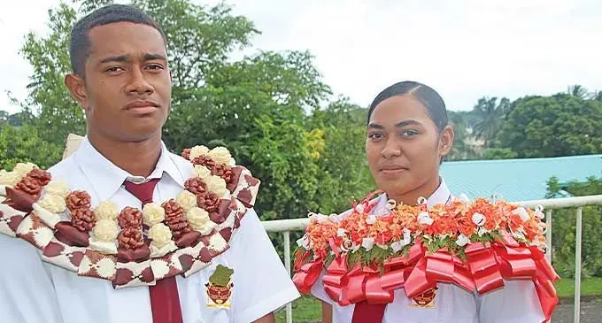 Nabua Secondary School-newly-inducted head boy Sunia Vatuqaqa and head girl Temalesi Raiyawa. Photo: Sosiveta Korobiau