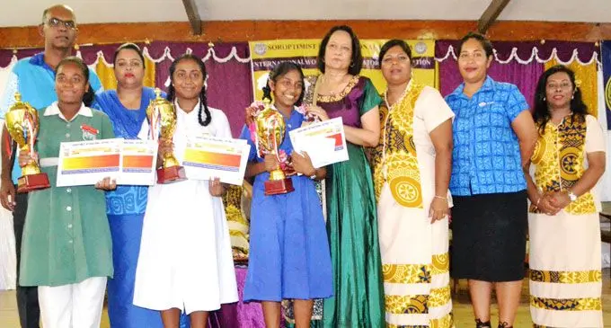  Minister for Health and Medical Services Rosy Akbar (sixth from left) with the winners and stakeholders during the Ocenia Water Group Limited sponsored secondary and primary school oratory contest on March 10, 2018. Photo: City Star Newspaper 
