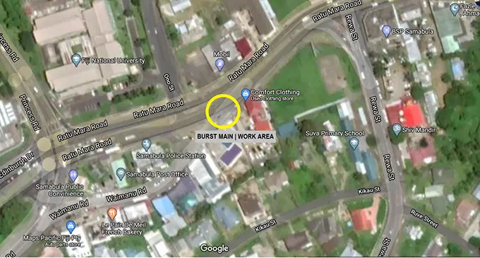 An aerial view of the locality of the burst main along Ratu Mara Road in Samabula, Suva.