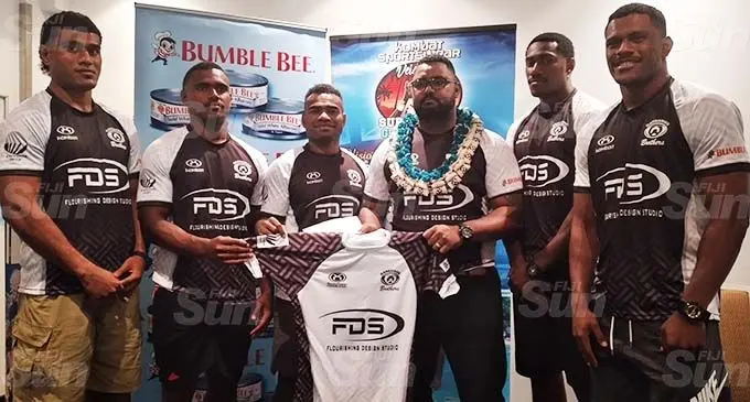 Members of the Barbarian Brothers rugby 7s team, from left: Taniela Sadrugu, Kaminieli Rasaku, Seremaia Tuwai, Aisea Tamanikaiwaimaro (Director of Flourishing Design Studio) , Anasa Qaranivalu and Jiuta Wainiqolo during the launch of their team at the Holiday Inn, Suva, on September 21, 2020. Photo: Simione Haravanua