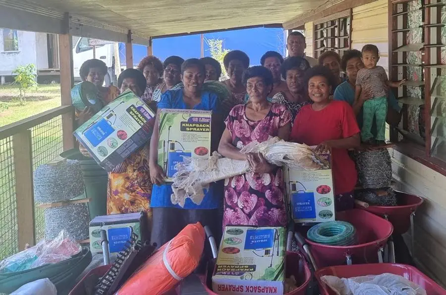 The equipment included spades, wheelbarrows, watering cans, pruning shears, compost bins, fencing materials, shade cloths, knapsack sprayers and other tools to support daily farm operations.