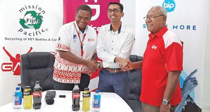  From left: Coca-Cola general manager Lawrence Tikaram, Digicel chief executive officer Farid Mohammed and Fiji Secondary Schools Athletics Association secretary Vuli Waqa during the press conference at the Digicel headquarters in Nabua, Suva, on April 8, 2021. Photo: Digicel Fiji  Photo: Ronald Kumar
